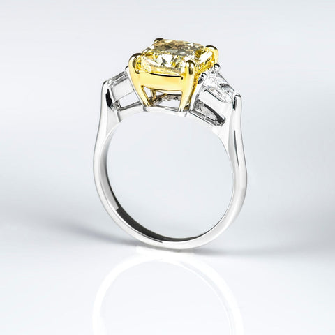 Yellow Cushion & Bullet Cut 3 Stone Diamond Ring Side Profile