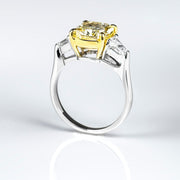 Fancy Yellow Cushion Cut w Bullet Cut 3 Stone Diamond Ring Side View