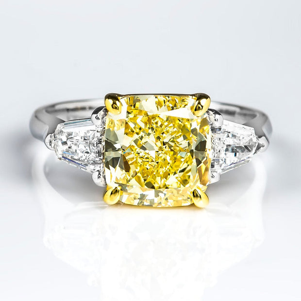 Canary Fancy Yellow Cushion Cut w Bullet Cut 3 Stone Diamond Ring