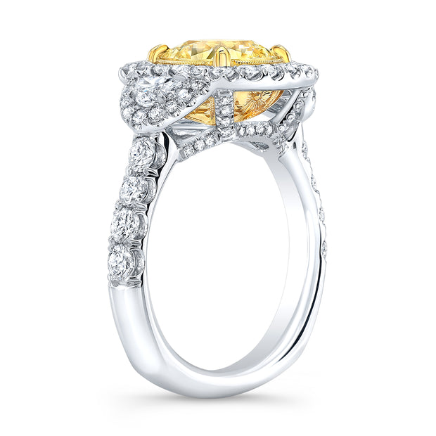 Canary Fancy Yellow Halo Cushion Cut Diamond Ring w Half Moons side view