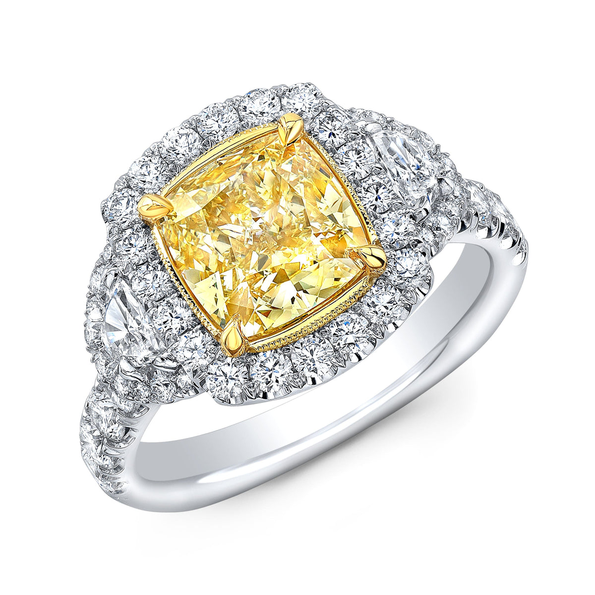 Canary fancy yellow halo cushion cut diamond ring w half moons