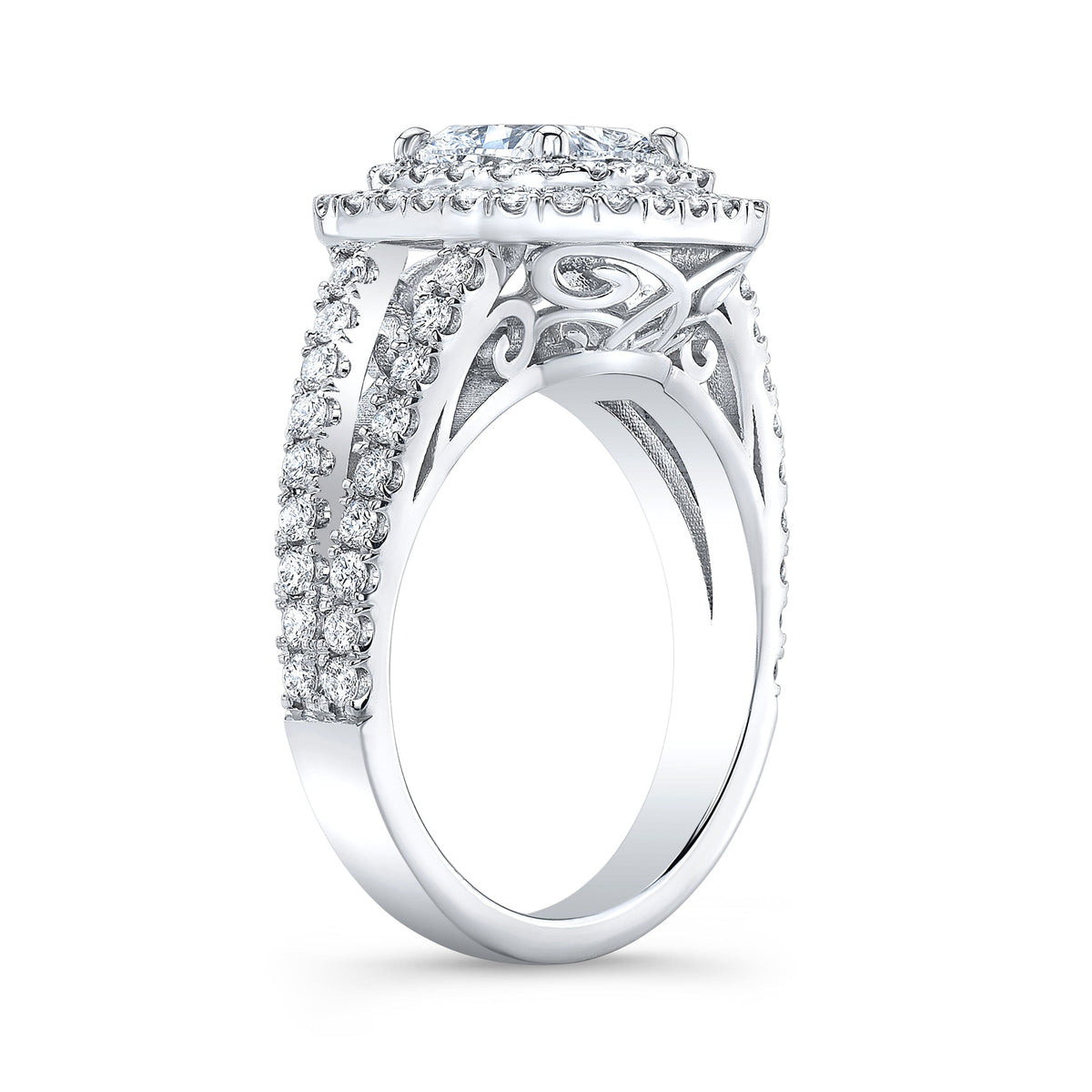 Halo cushion engagement ring side profile