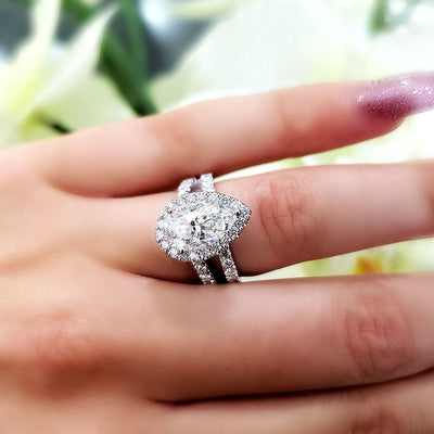 Pear Halo Engagement Ring Split Shank on Hand