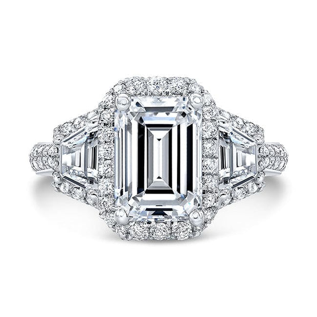 Halo Emerald & Trapezoids Engagement Ring Front