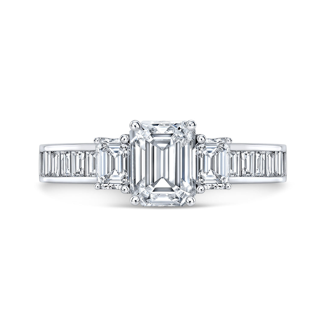 3 Stone Emerald Cut Diamond ring Set with Baguettes front