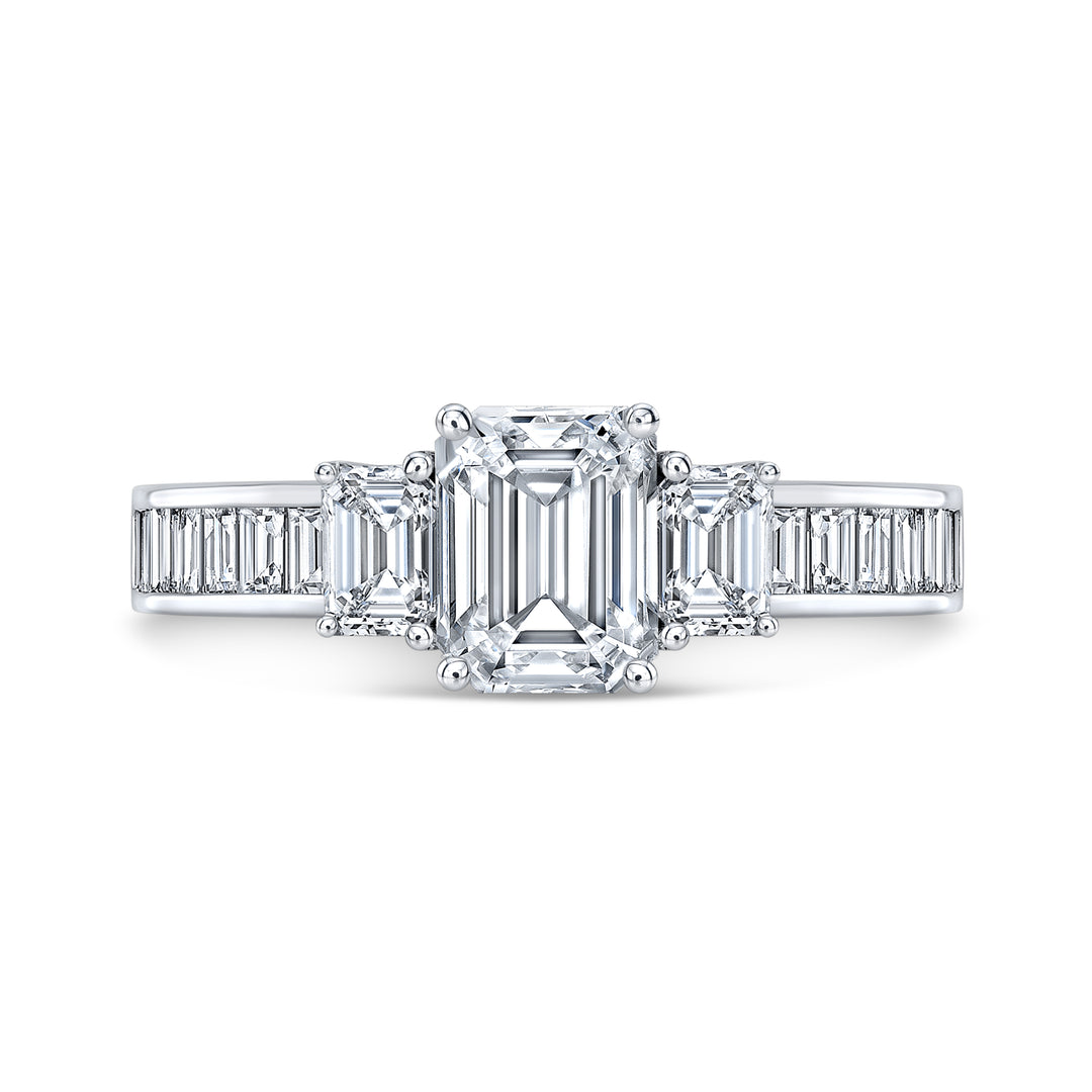 2.40 Ct 3 Stone Emerald Cut Diamond ring Set with Baguettes F Color VS2 GIA Certified