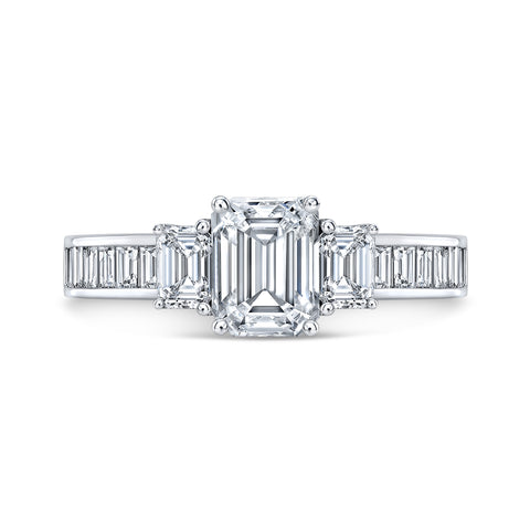 2.40 Ct 3 Stone Emerald Cut Diamond ring Set with Baguettes F Color VS2 GIA Certified
