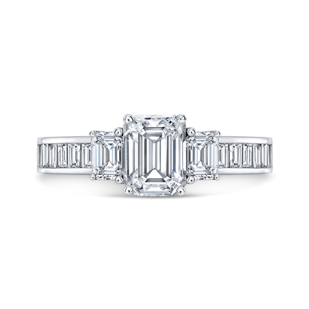 2.40 Ct 3 Stone Emerald Cut Diamond ring Set with Baguettes F Color VS2 GIA Certified