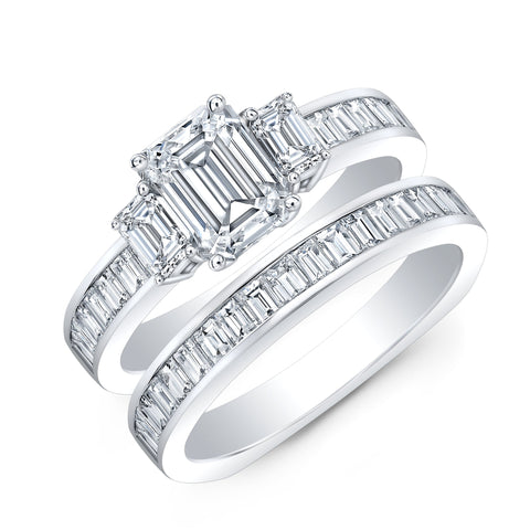 3 Stone Emerald Cut Diamond ring Set with Baguettes