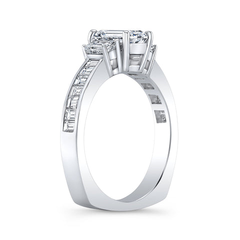 3 Stone Emerald Cut Diamond ring Set with Baguettes Side Profile