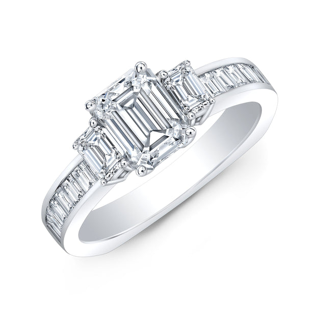 2.40 Ct 3 Stone Emerald Cut Diamond ring Set with Baguettes F Color VS2 GIA Certified