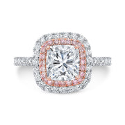 Double Halo Cushion Cut Diamond Ring with Pink Diamonds