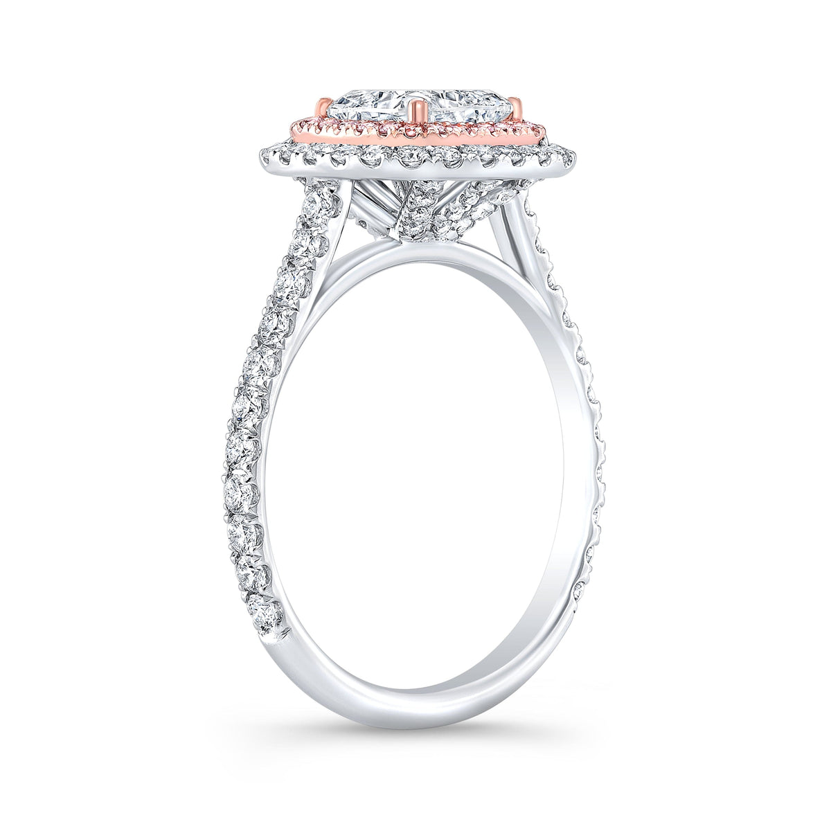 Double halo cushion cut diamond ring with pink diamonds