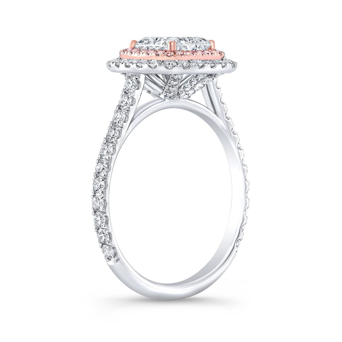Double halo cushion cut diamond ring with pink diamonds