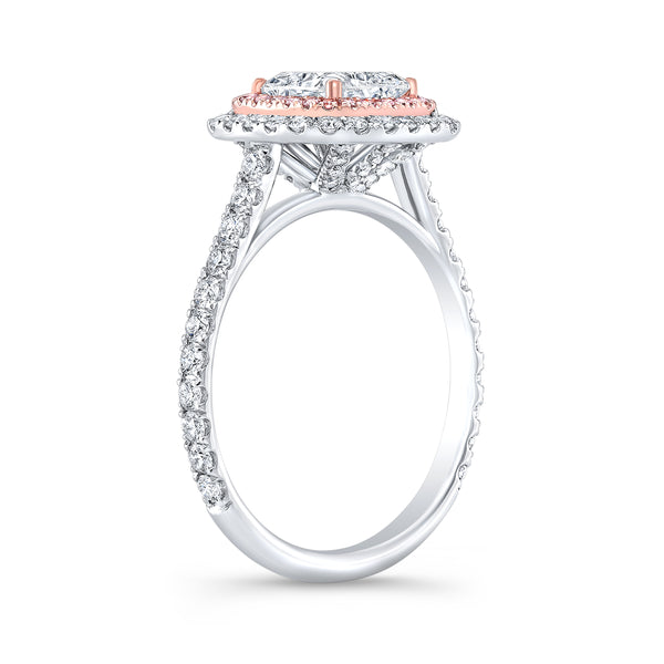 Double Halo Cushion Cut Diamond Ring with Pink Diamonds