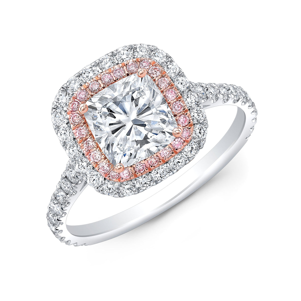 Double halo cushion cut diamond ring with pink diamonds