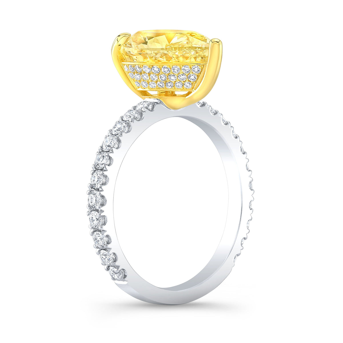 Yellow pear shaped hidden halo engagement ring side profile