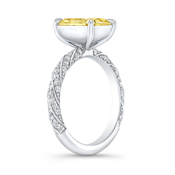 3.50 Ct Fancy Intense Yellow Elongated Radiant Cut Diamond Ring VS2 GIA Certified