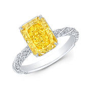 3.50 Ct Fancy Intense Yellow Elongated Radiant Cut Diamond Ring VS2 GIA Certified