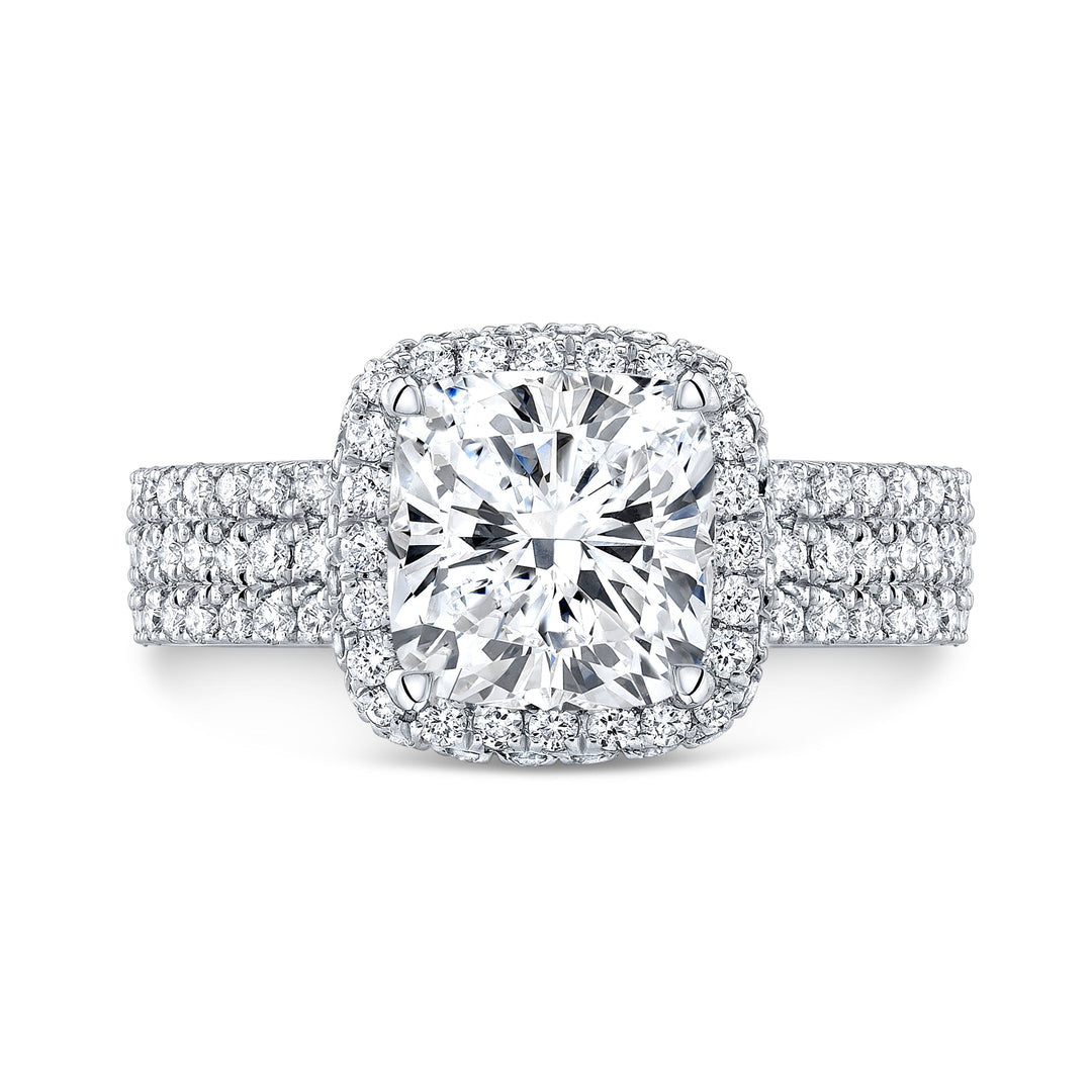 Halo + Hidden Halo Cushion 3Row Pave Diamond Ring