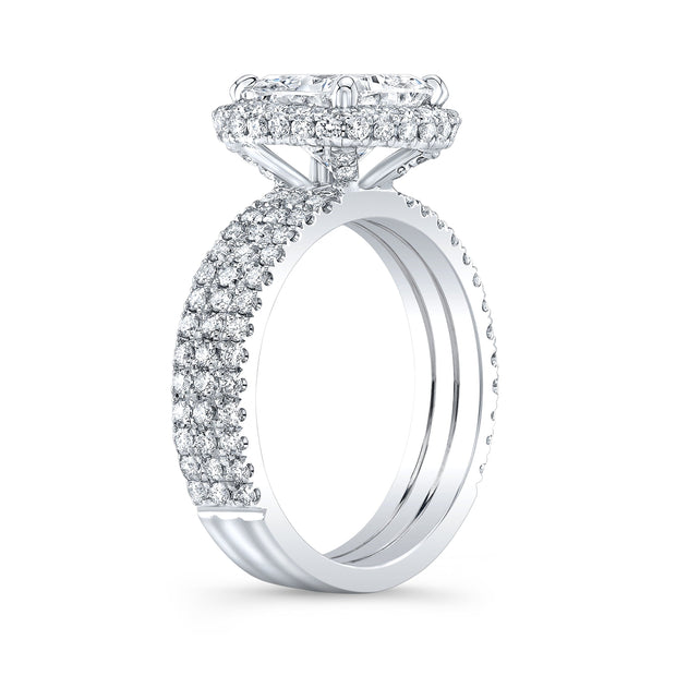 Halo + Hidden Halo Cushion 3Row Pave Diamond Ring Side Profile