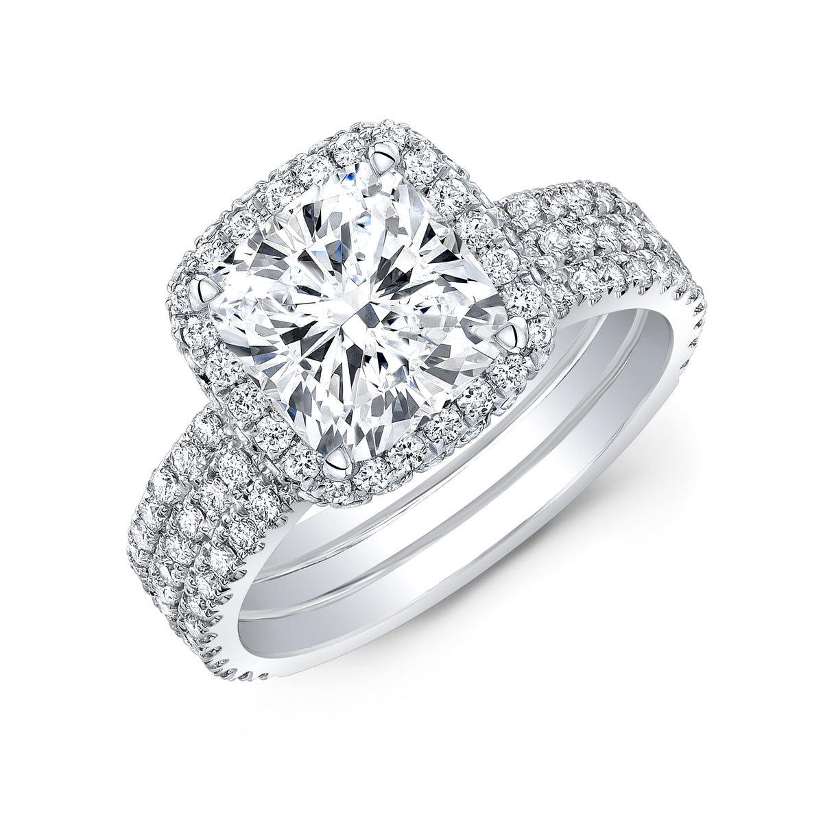 Halo + hidden halo cushion 3row pave diamond ring