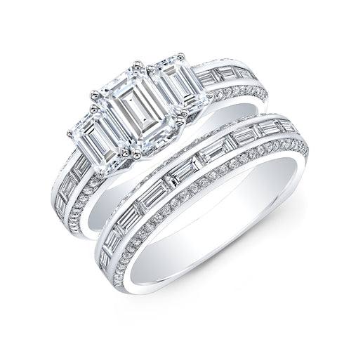 Emerald Cut w Baguettes Diamond Engagement Ring with matching band