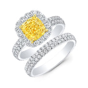 Fancy Yellow Cushion 2Row Pave Diamond Ring Set
