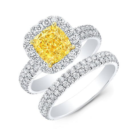 Fancy Yellow Cushion 2Row Pave Diamond Ring Set