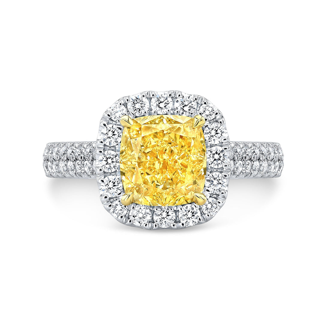Fancy Yellow Cushion 2Row Pave Diamond Ring Front View