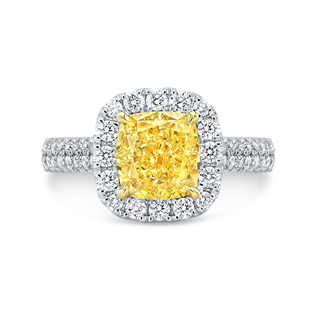 Fancy yellow cushion 2row pave diamond ring front view