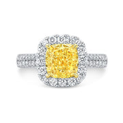 Fancy Yellow Cushion 2Row Pave Diamond Ring Front View