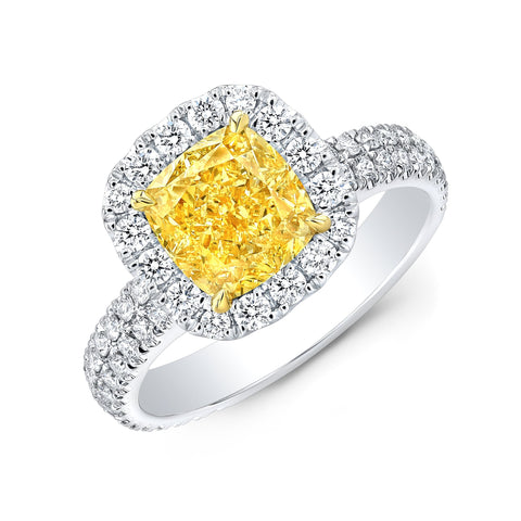 Fancy Yellow Cushion 2Row Pave Diamond Ring