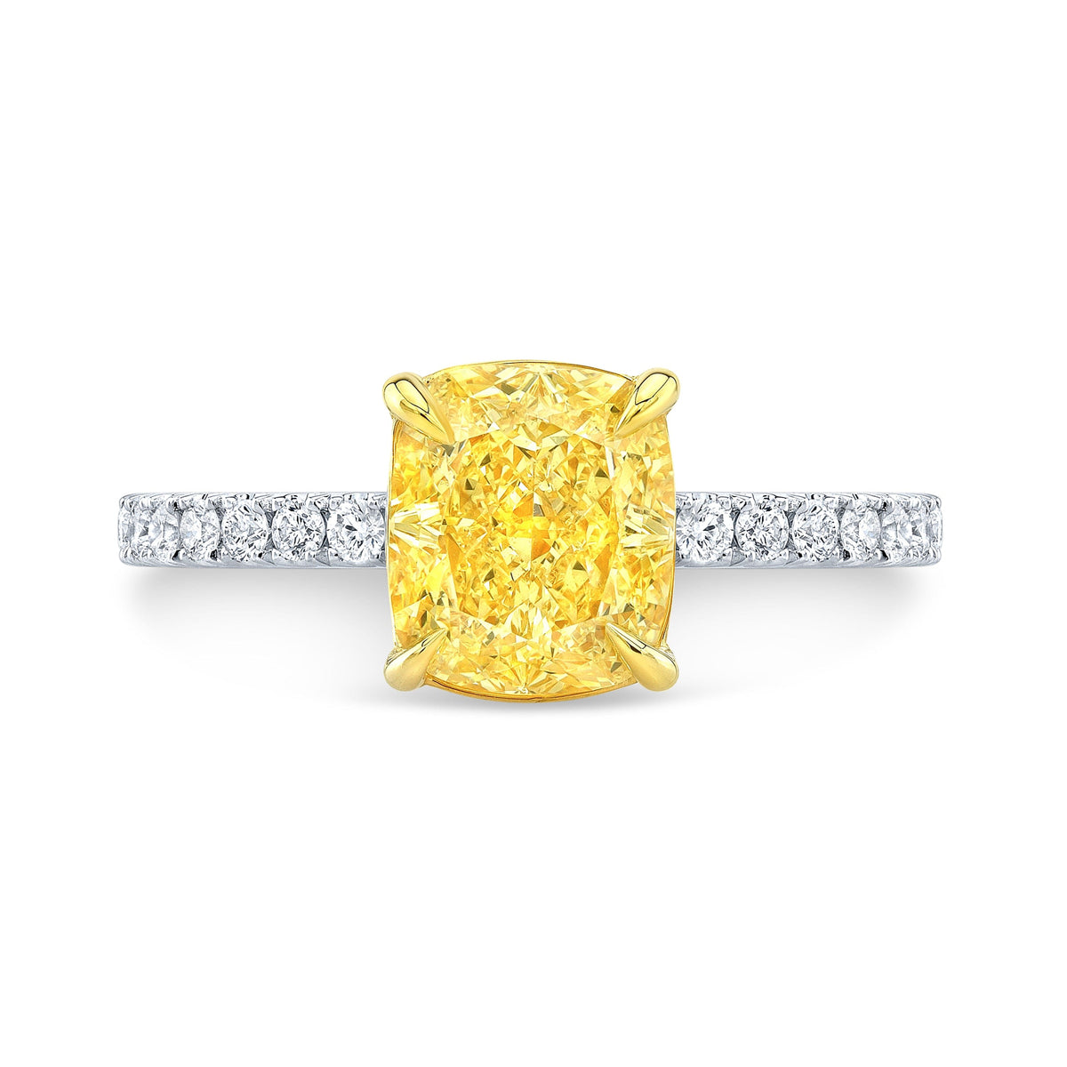Fancy yellow cushion cut diamond ring with accents front view