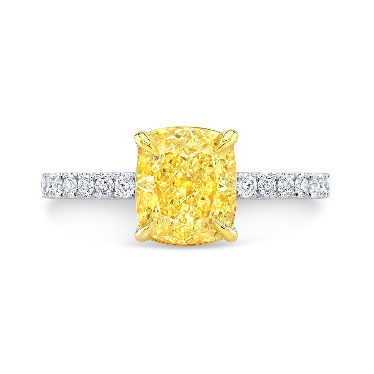 Fancy yellow cushion cut diamond ring with accents front view