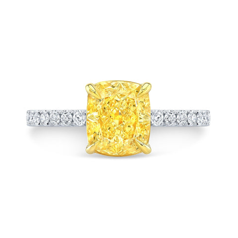 Fancy Yellow Cushion Cut Diamond Ring with Accents front View