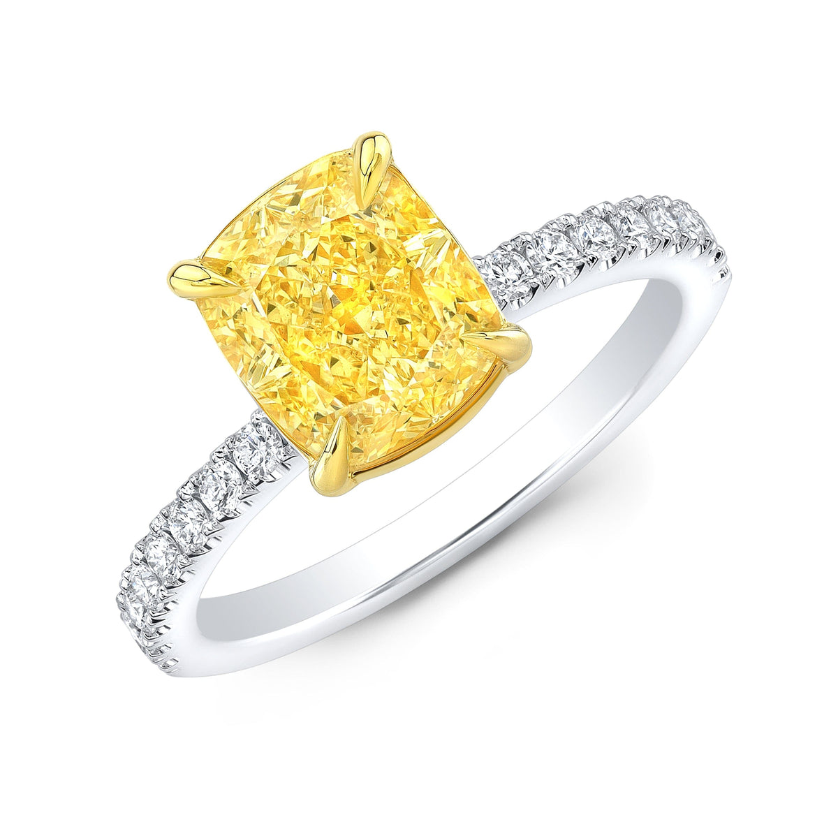 Fancy yellow cushion cut diamond ring with accents profile view