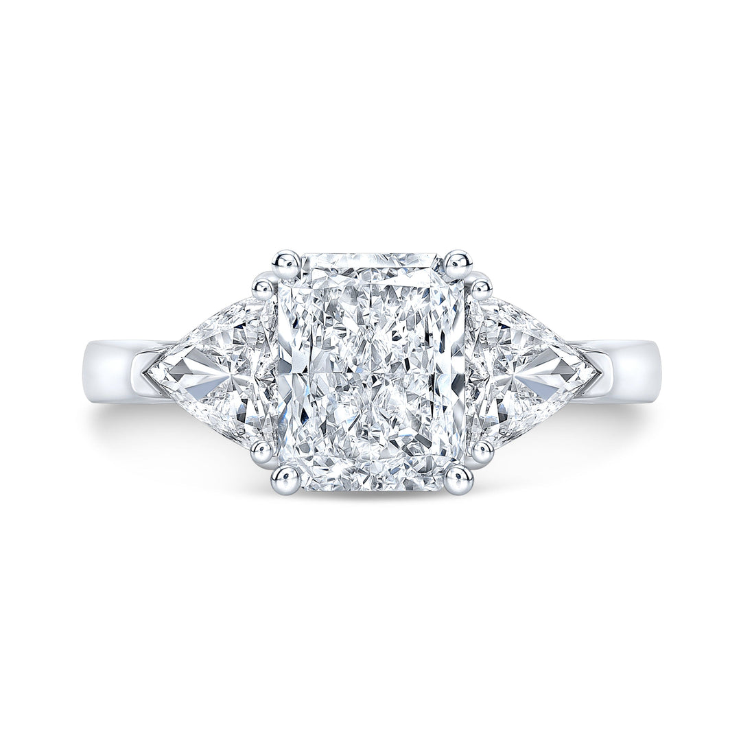 Elongated Radiant Cut 3 Stone Ring with Trillions