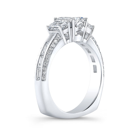 1.80 Ct. 3 Stone Emerald & Baguettes Diamond Ring E Color VVS2 GIA Certified