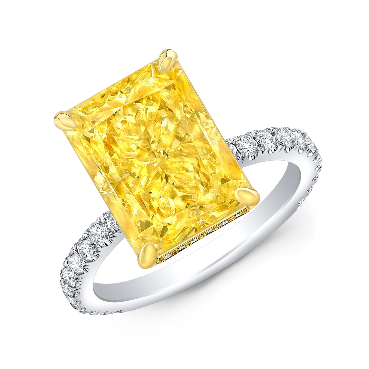Fancy intense yellow radiant cut diamond ring
