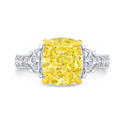 3 Stone Yellow Cushion Cut Diamond Ring