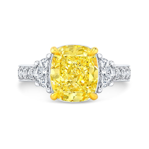 3 Stone Yellow Cushion Cut Diamond Ring