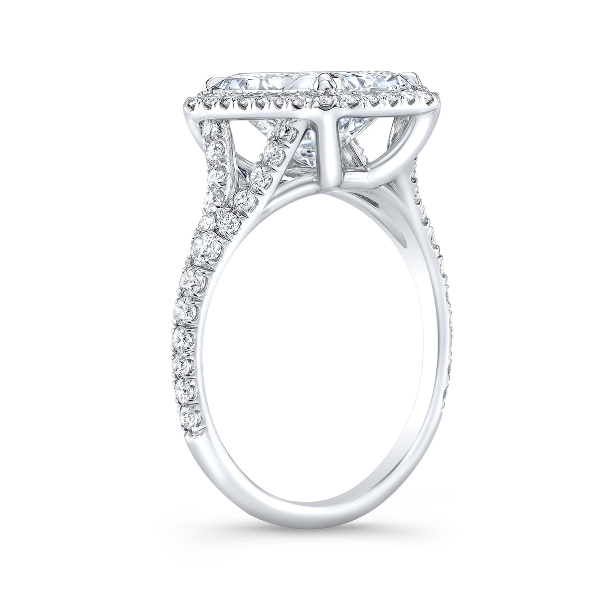 Halo radiant cut split shank diamond ring