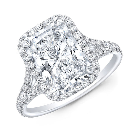 Elongated Radiant Cut Split Shank Halo Ring