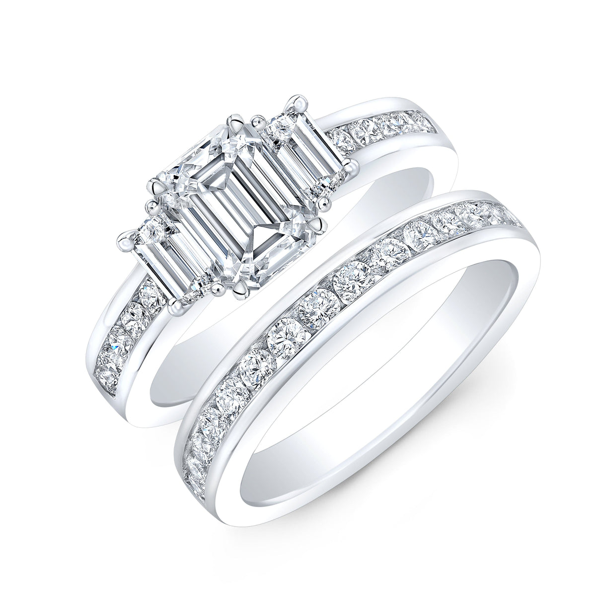 3 stone emerald cut diamond ring set 