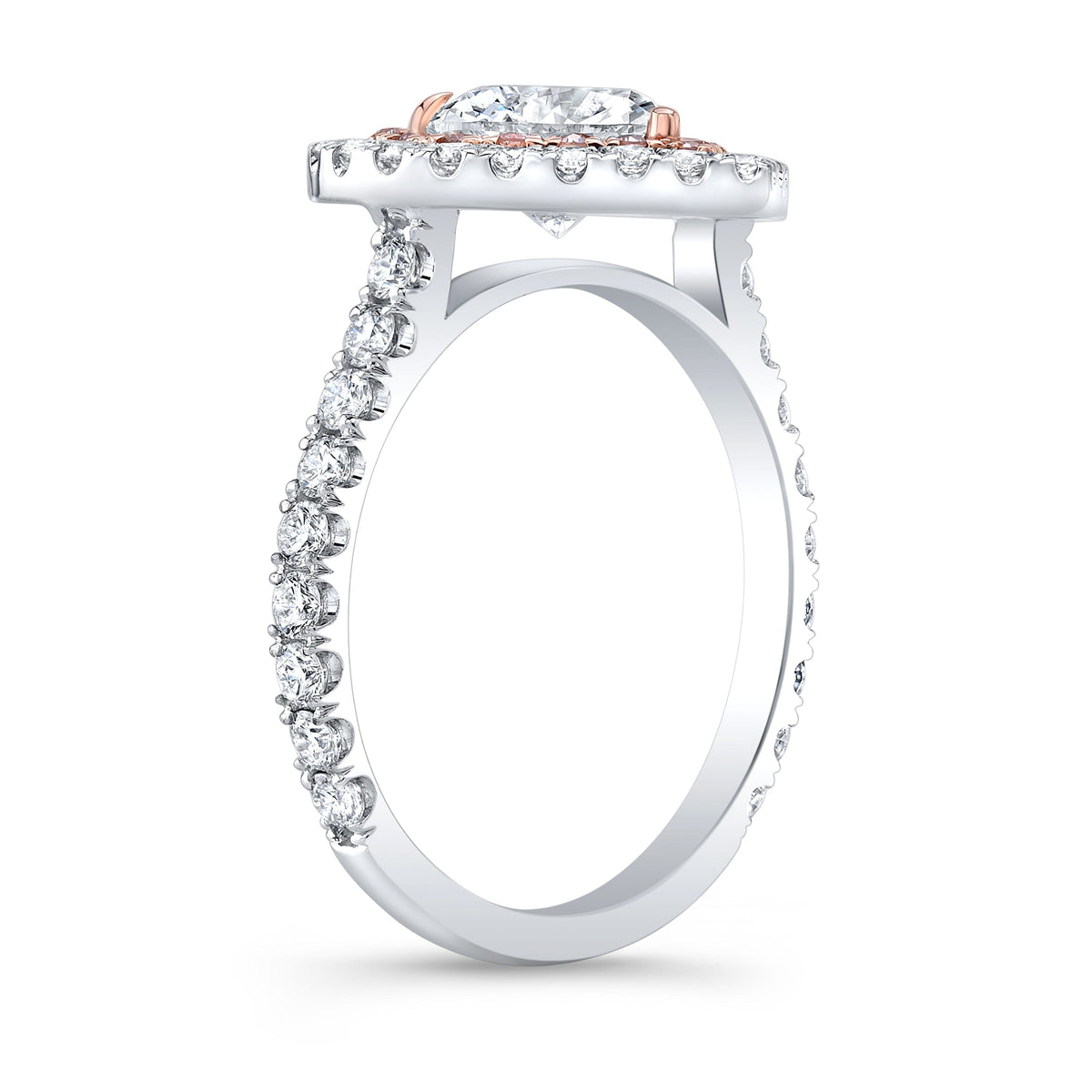 Heart halo with pink diamonds engagement ring profile view