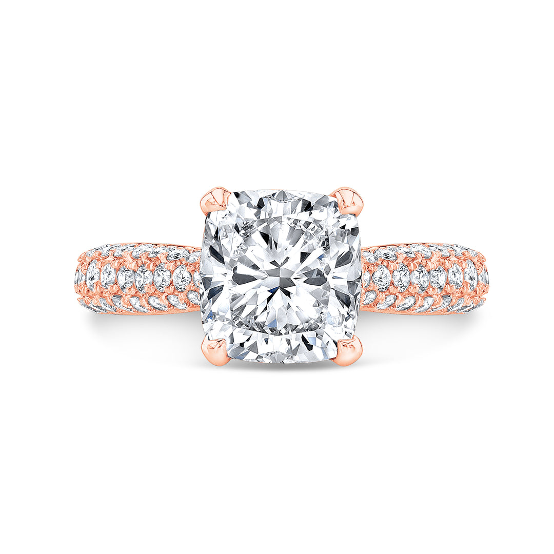 3 Row Pave Diamond Engagement Ring with Pave on Prongs
