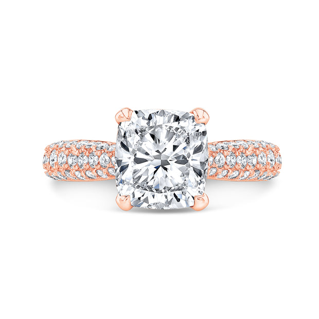3 Row Pave Diamond Engagement Ring with Pave on Prongs