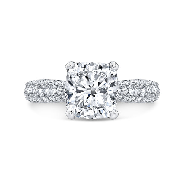3 Row Pave Diamond Engagement Ring with Pave on Prongs
