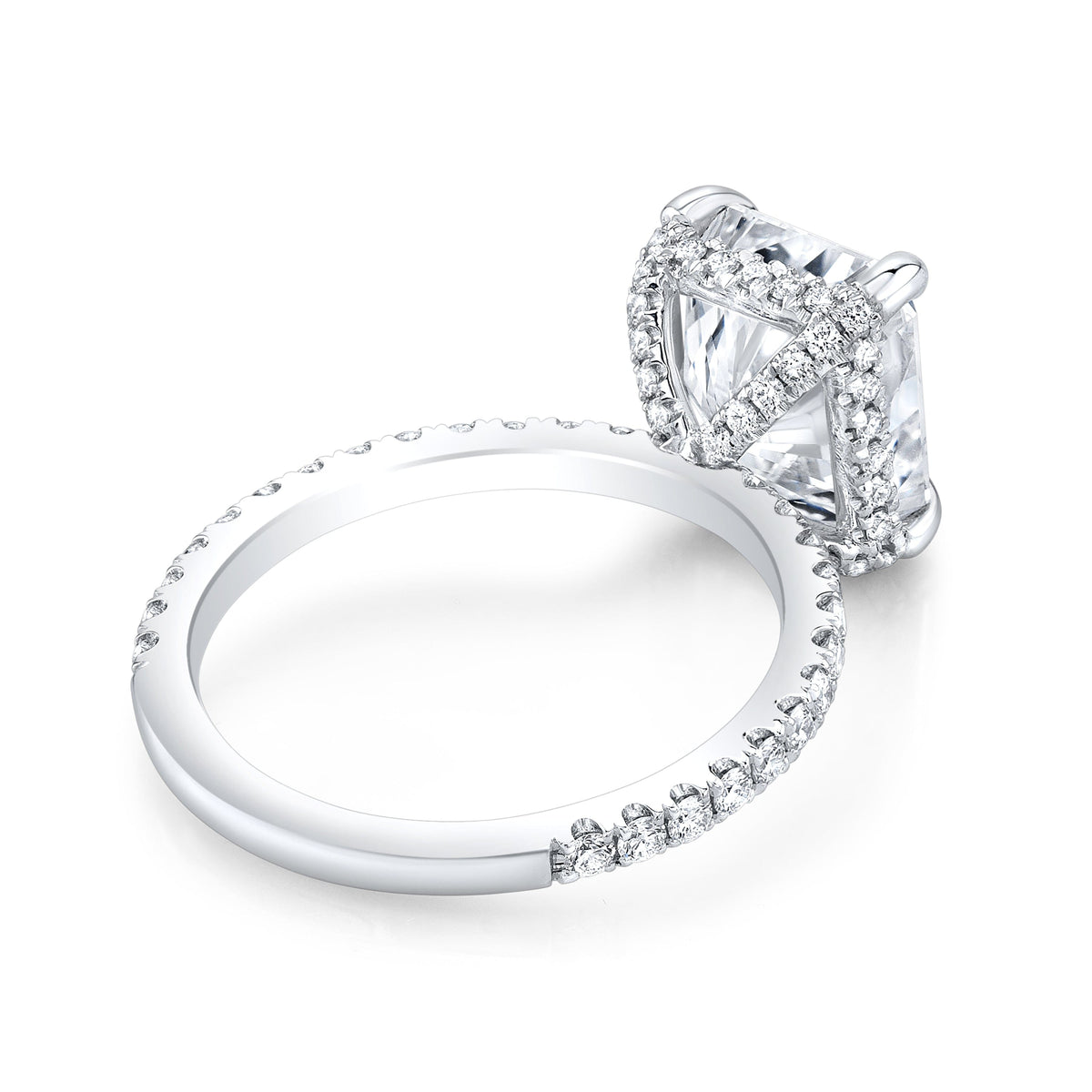 Radiant cut engagement ring with hidden halo